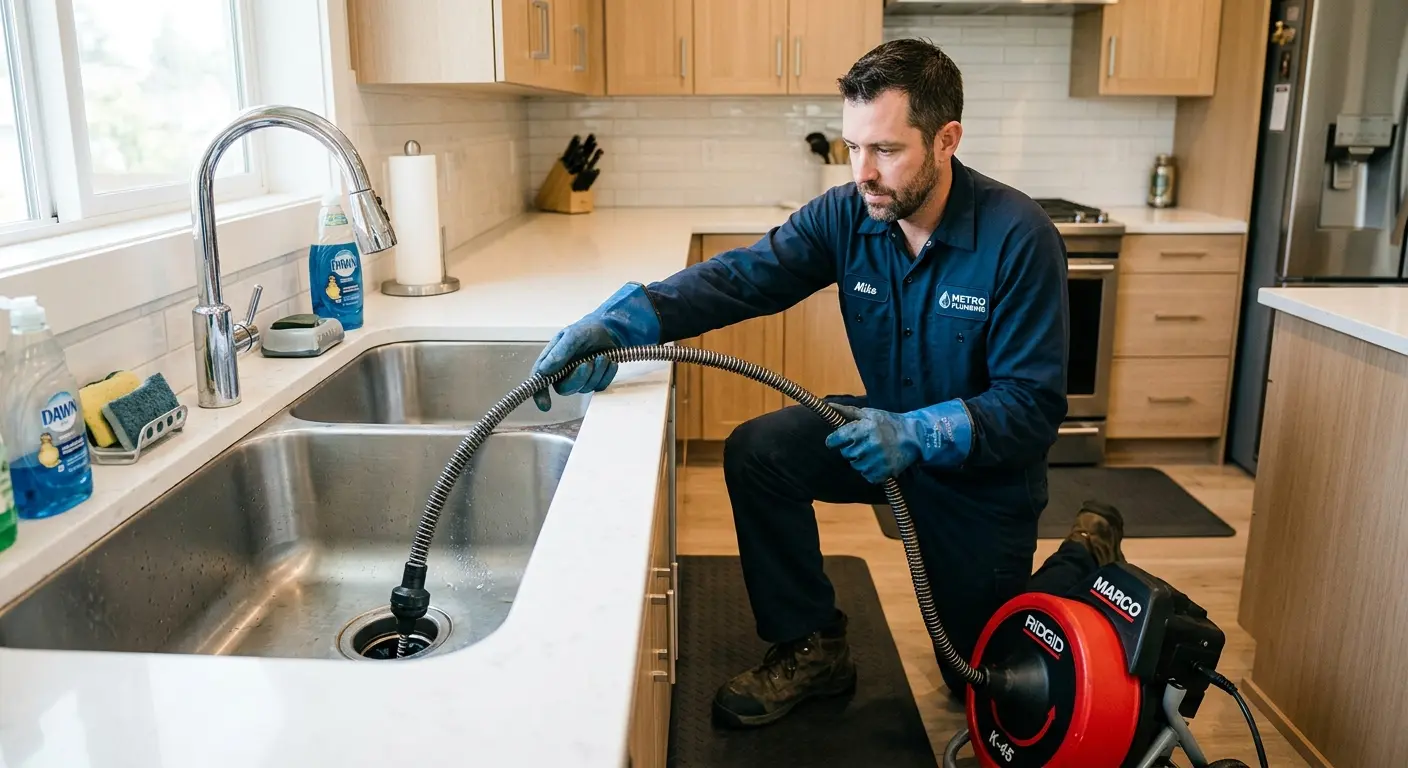 Drain cleaning technician using a motorized snake on a kitchen sink in Fuller Heights