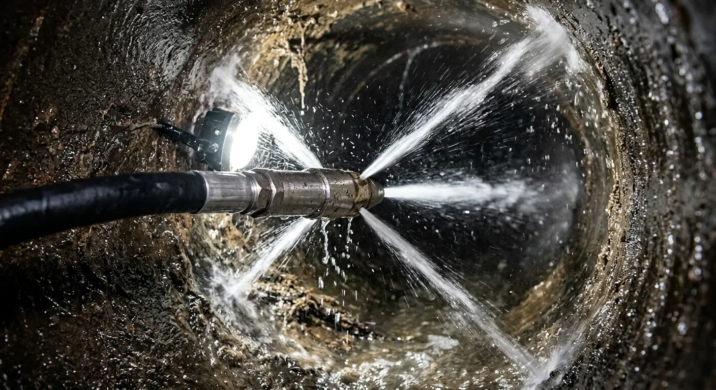 High-pressure hydro jetting nozzle cleaning sewer pipe for Emergency Drain Service in Fuller Heights