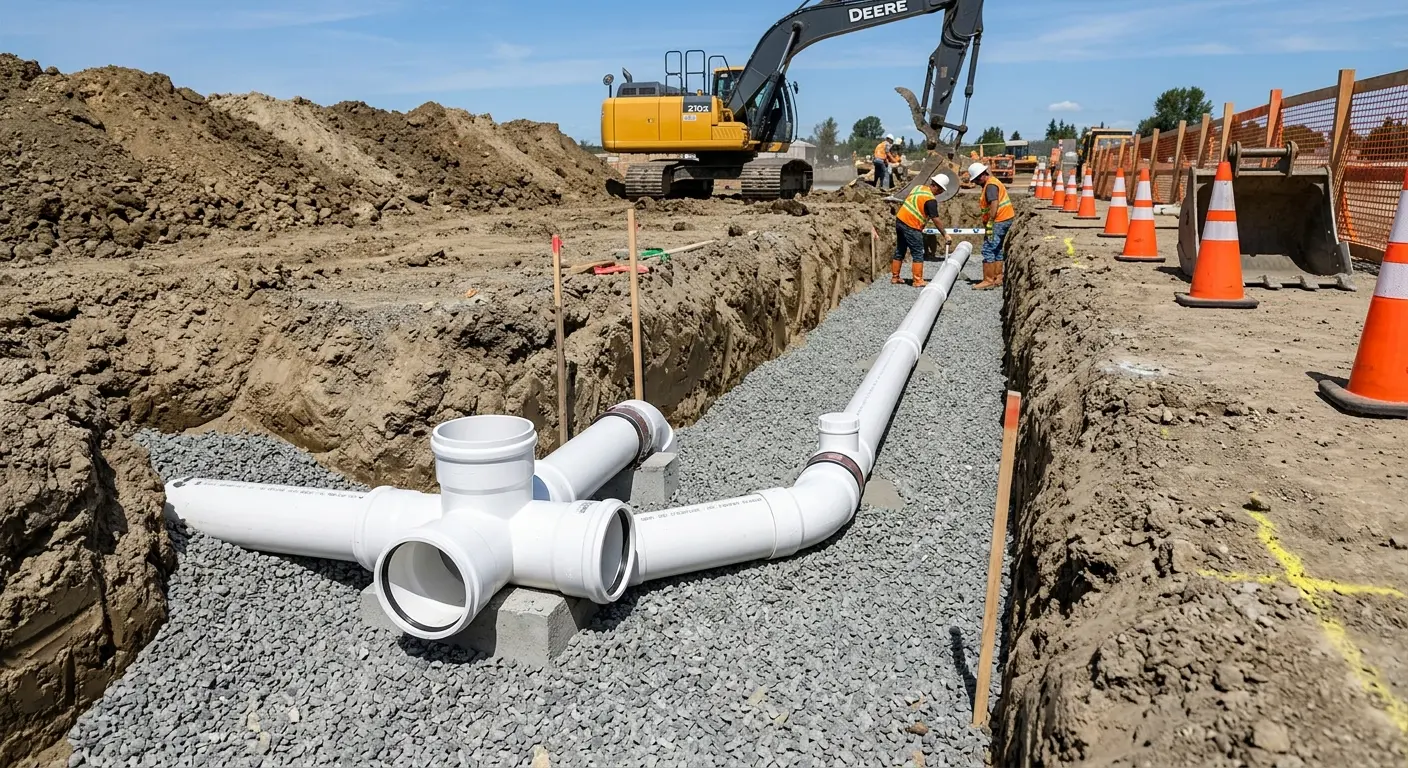 New PVC sewer pipe installation in open trench for Commercial Drain Cleaning in Fuller Heights